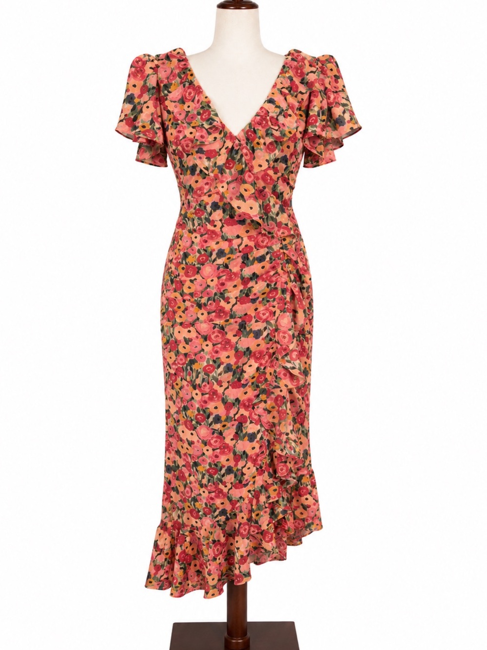 NWT ASTR XS Floral V-Neck Ruffle Midi Dress in Coral Pink, asymmetrical